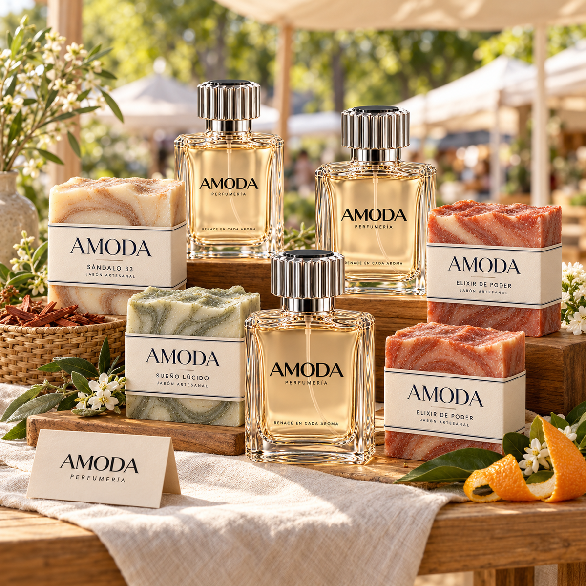 Perfumes y jabones AMODA sobre una mesa de mercado artesanal